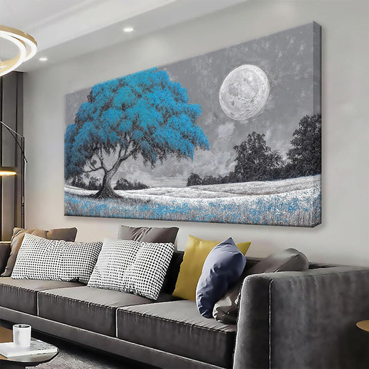 TAIJXAGSG Wall Art For Living Room Blue Tree Moon Canvas Art Wall Decor Artwork Print Painting 20" X 40" Canvas Picture For Bedroom Decor Modern Salon Kitchen Office Hang A Picture