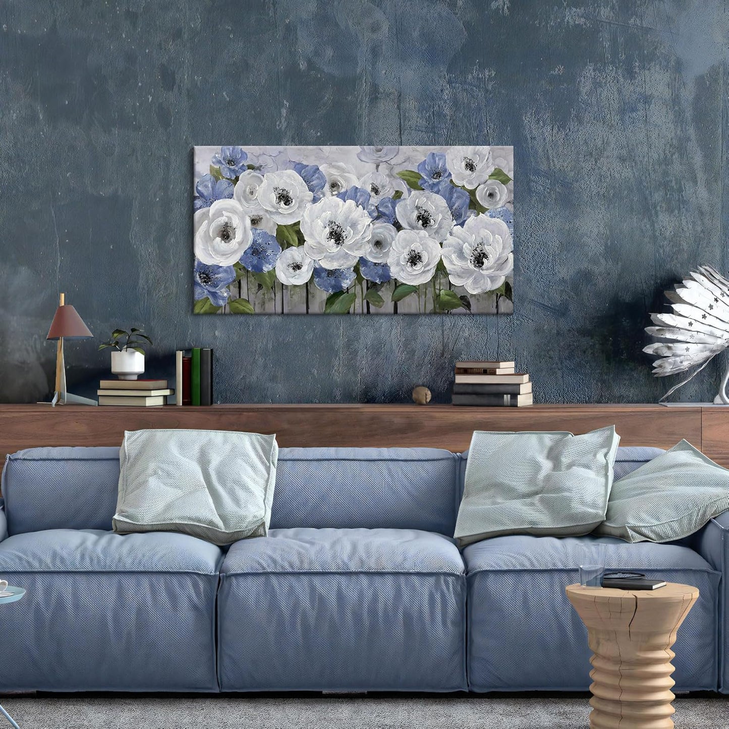 Floral Wall Art for Living Room-Large Blue and White Flower Paintings, Textured Nature Artwork Pictures on Canvas, Landscape and Flower Wall Art for Bedroom Decor