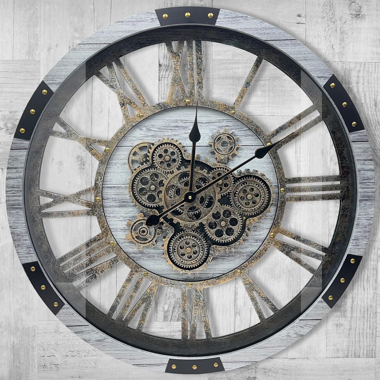 DORBOKER 40" Original Moving Gears Wall Clock, Large Industrial Wall Clock for Living Room Decor,Oversized Wood Vintage Farmhouse Steampunk Rustic Clocks for Wall Decor,Silver Grey