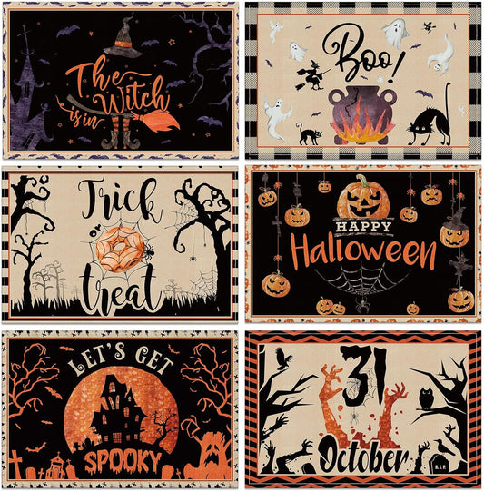 Umigy 6 Pcs Halloween Placemats 12"x18" Gothic Bat Placemats Kitchen Decoration Washable Witch Place Mats Rectangle Skull Table Mats for Halloween Dining Table Accessories(Classic)