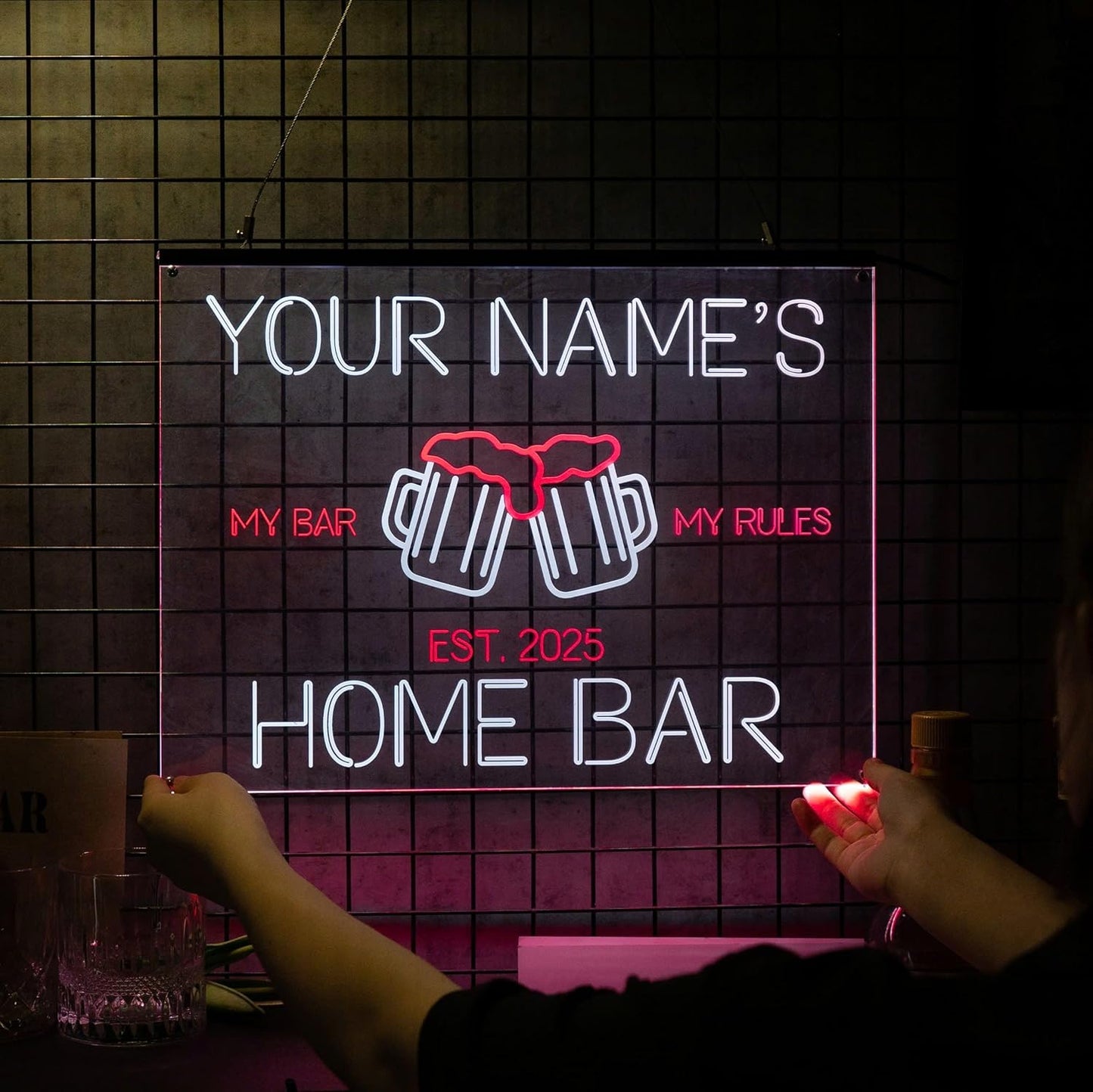 Personalized My bar my rule Signs with Your Name for home wall light up with personalized pub name, man cave accessories, beer themed neon customizable lighted sign