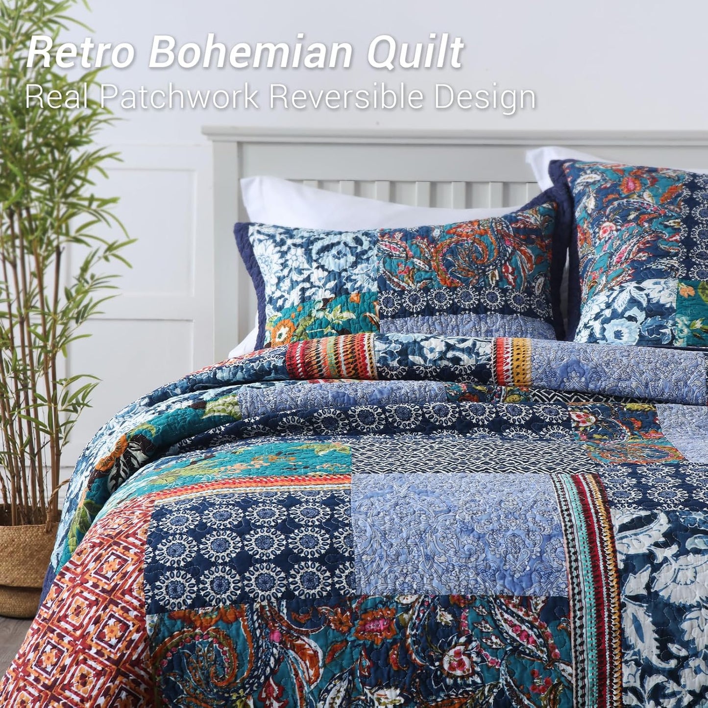Yvooxny Queen Quilt Set Reversible Lightweight Bohemian Paisley Patchwork Cotton Quilted Bedspread Coverlet Set 3-Piece Bedding Set with Shams for All Seasons, Queen Size, 98 * 90 Inches