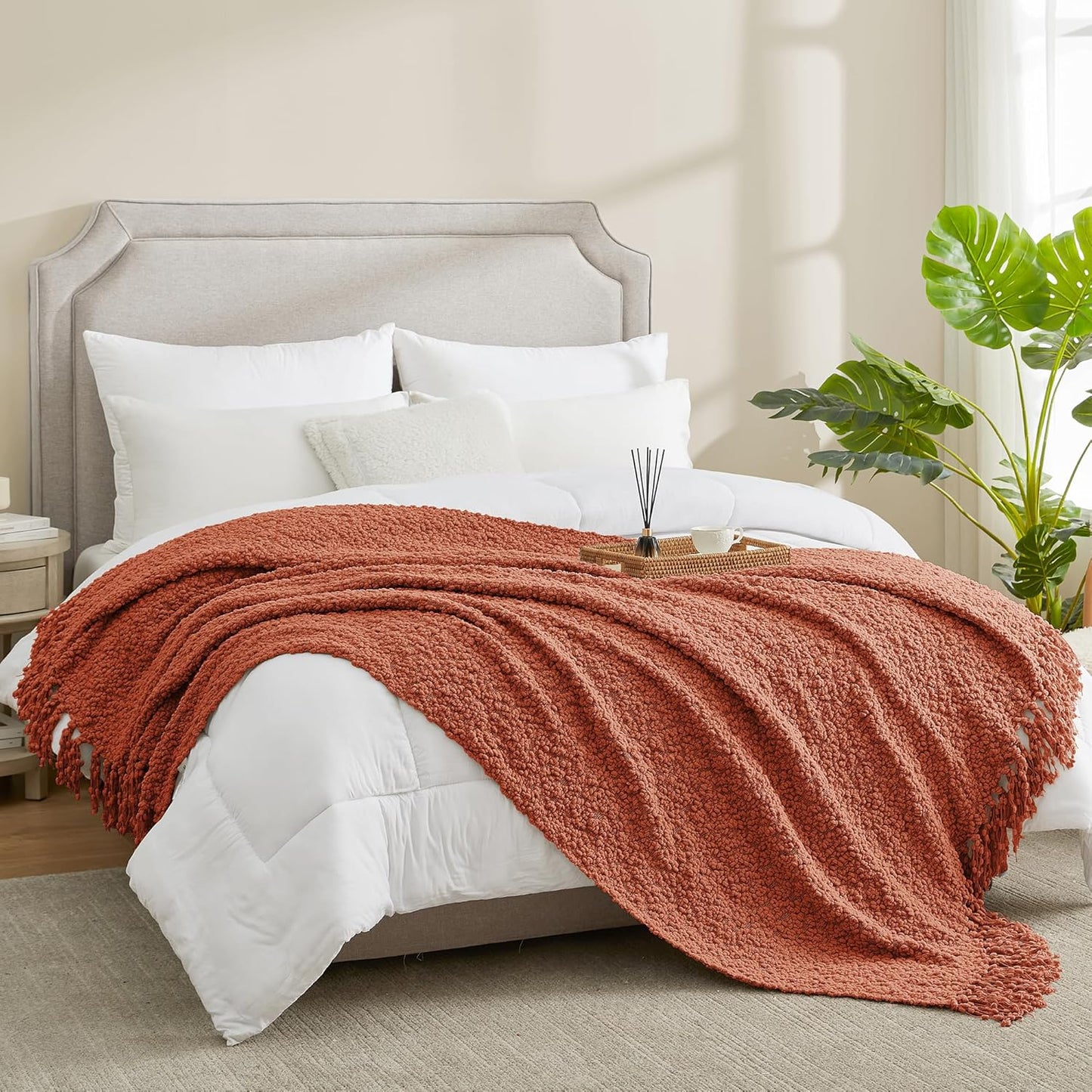 Amélie Home Knit Throw Blanket with Tassels for Couch, Luxury Boho Throw Blanket for Summer Orange, 50"x60"