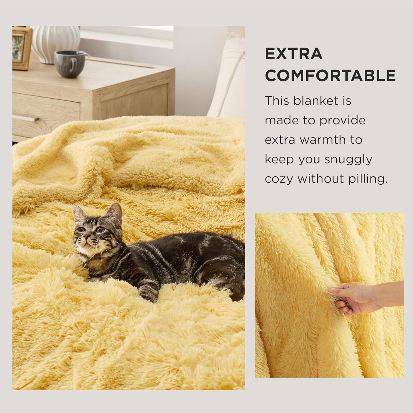 Bedsure GentleSoft Fluffy Yellow Blankets Queen Size for Bed, Thick Sherpa Faux Fur Fleece Fuzzy Plush Winter Warm Heavy Soft Full Queen Blankets, Bedroom Decor Yellow Cozy Gifts for Women Men, 90x90