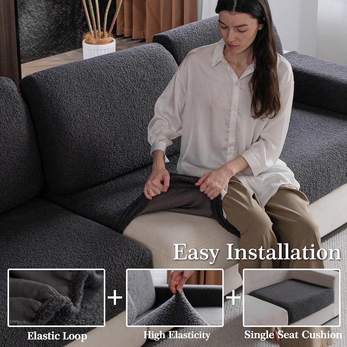 Couch Cushion Covers for Sectional Sofa, Stretch Soft Sofa Slipcovers Washable Wear-Resistant Universal Furniture Protector for Living Room(3 Seaters Covers+1 Chaise Cover, Dark Gray)