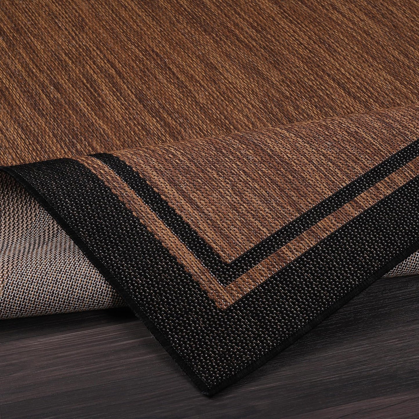 CAMILSON Indoor Outdoor Rug, 5x7 Bordered Nut Brown Black Modern Area Rugs for Indoor and Outdoor Patios, Kitchen and Hallway Mats, Washable Porch Deck Outside Carpet (Bordered Nut Brown Black, 5 x 7)