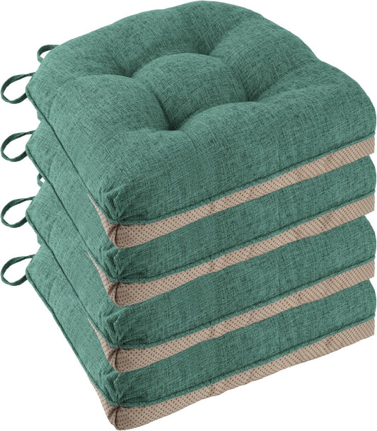 Non Slip Chair Cushions for Dining Chairs Set of 4 Kitchen Chair Cushions 18"x18"x3" Turfted Chair Pads Comfortable and Soft Seat Cushion with Ties, Dark Green