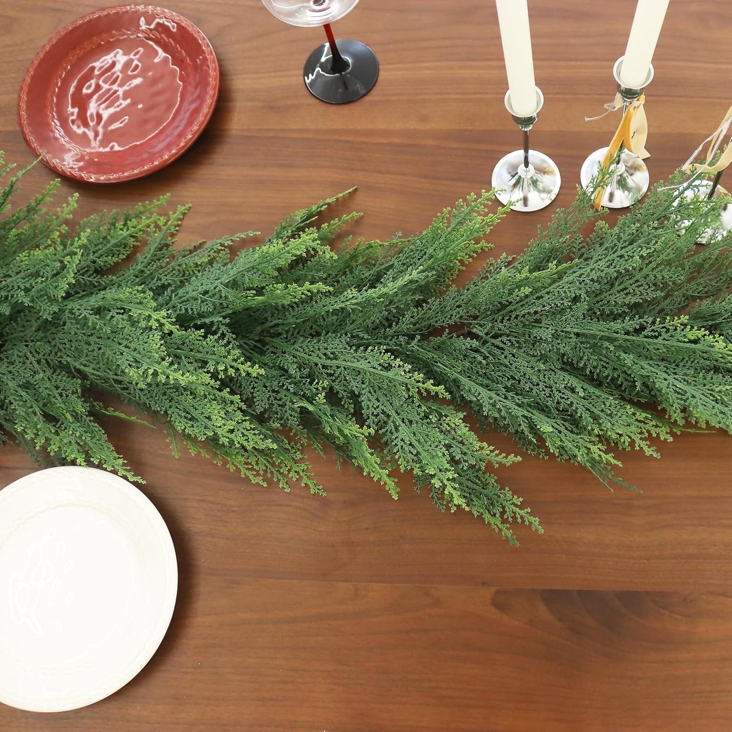 2PCS 6FT Christmas Cedar Garland Full Real Touch Artificial Green Faux Cypress Realistic Pine Garland for Mantle Fireplace Table Home Decoraiton