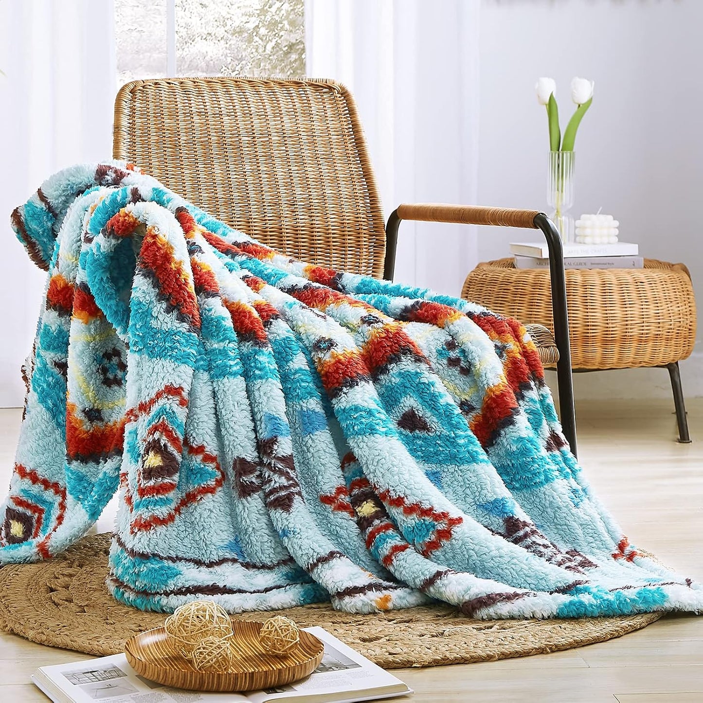 CASAAGUSTO Boho Sherpa Throw Blanket, Aztec Queen Blanket, Ultra Soft, Warm, Cozy, Plush, Thick Fleece Bohemian Throw Blanket for Couch, Bed, Sofa (Aqua 90 * 90 Inch)