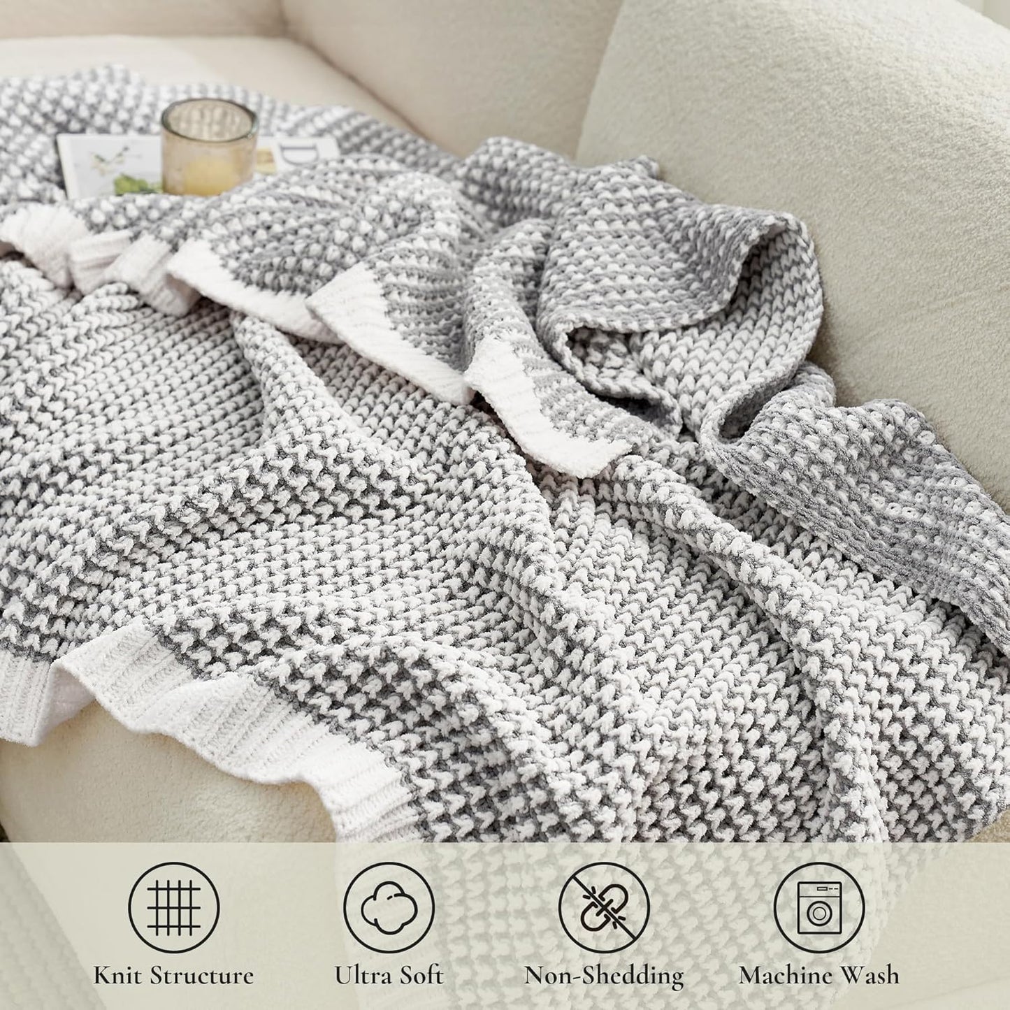Amélie Home Chenille Waffle Throw Blanket for Couch, Reversible Pineapple Stitch Knit Soft Cozy Knit Blanket Lightweight Warm Decorative Throw for Sofa, Bed, Living Room, 50"x60", Grey&Ivory