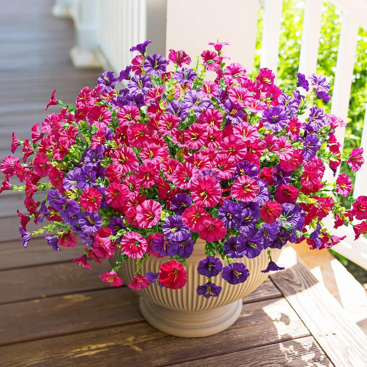 Artificial Flowers for Outdoors Fake Plants Outside Decoration, 12 Bundles Silk Colorful Morning Glory with Eucalyptus UV Resistant Realistic Faux Flowers for Planter Porch Patio Yard Garden