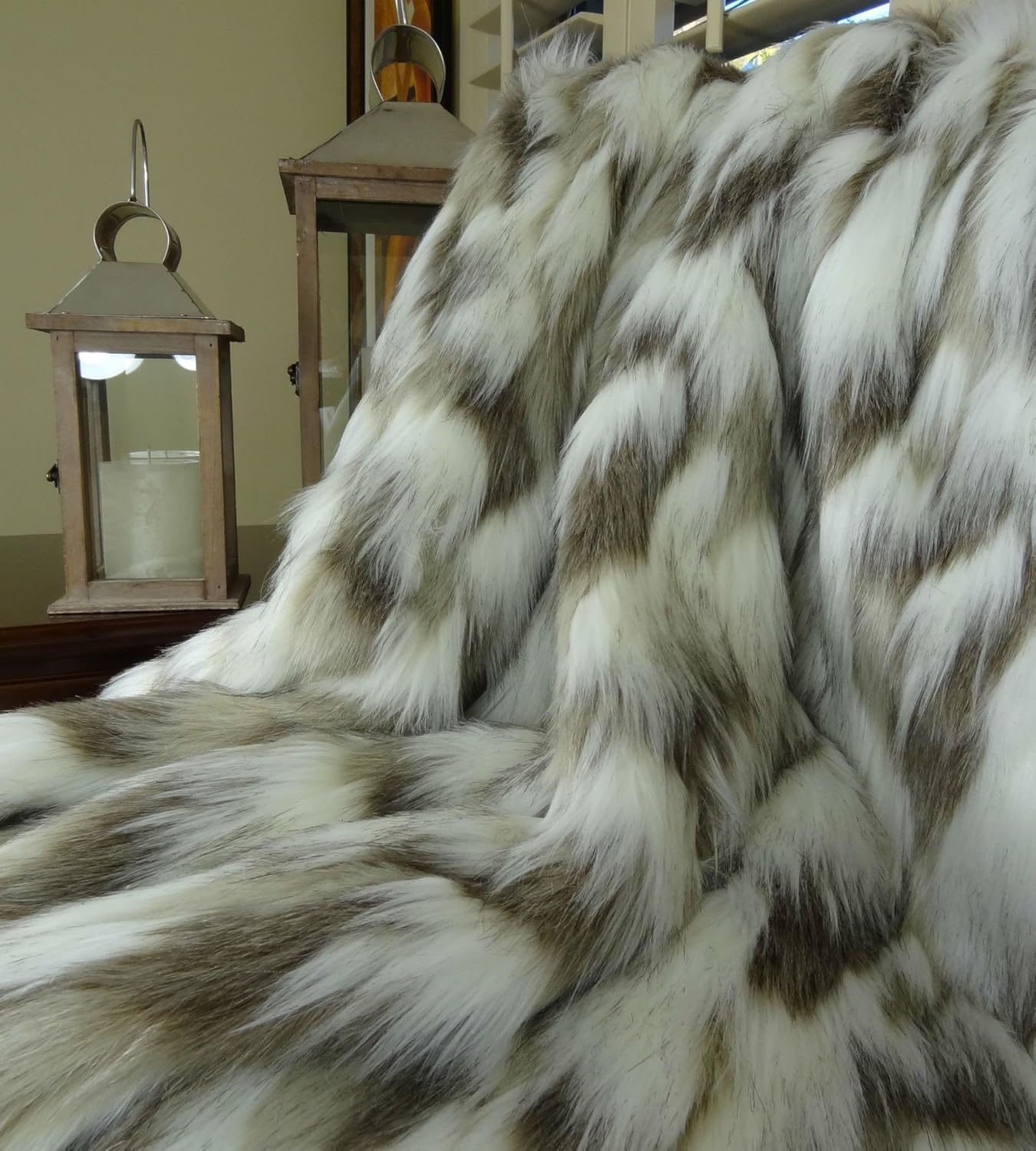 Ivory Beige Luxury Faux Fur Throw Blanket - Tibet Fox Fur - 80W x 90L
