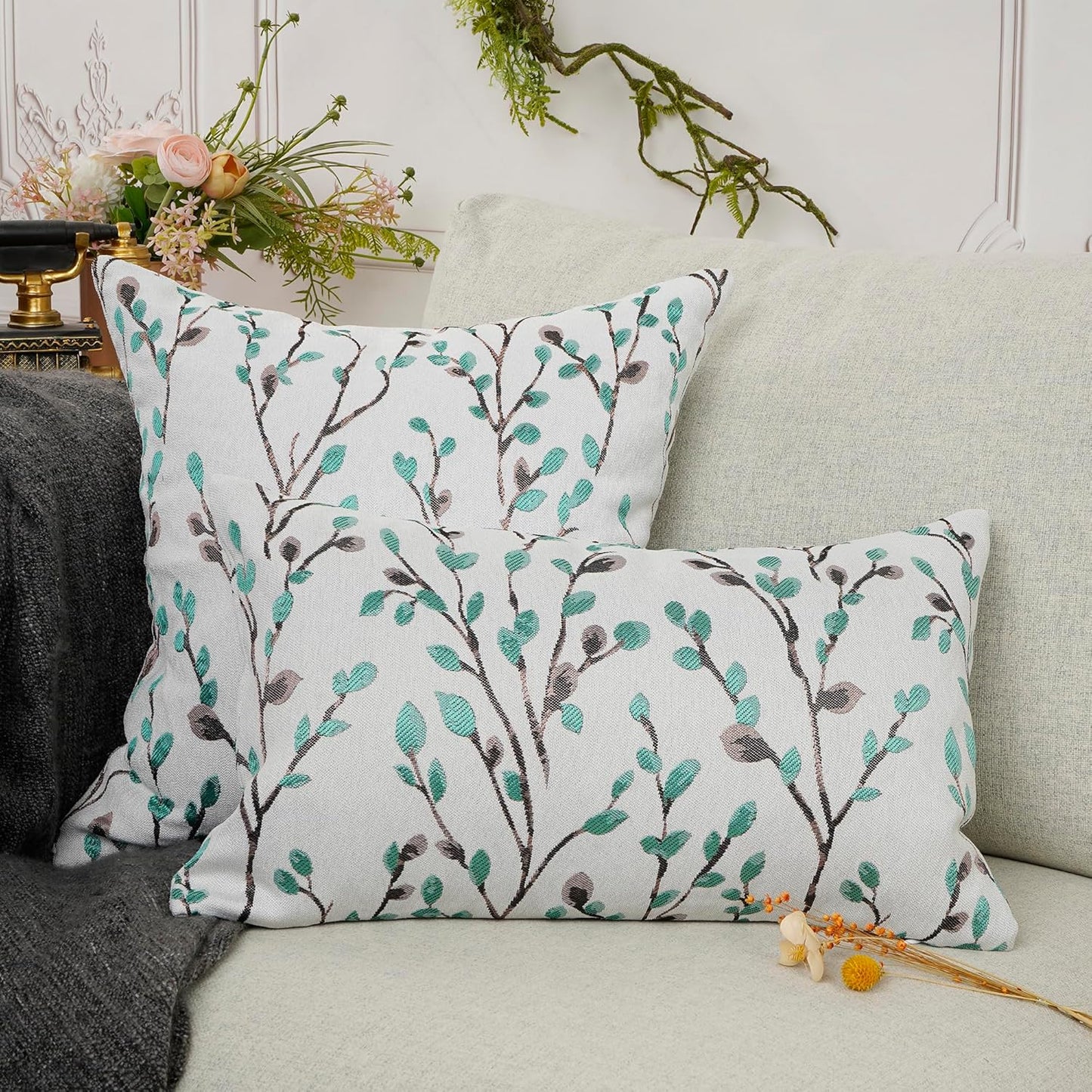 YOUR SMILE Classical Embroidery Jacquard Green Square Decorative Throw Pillow Case Cushion Cover 18x18 inch