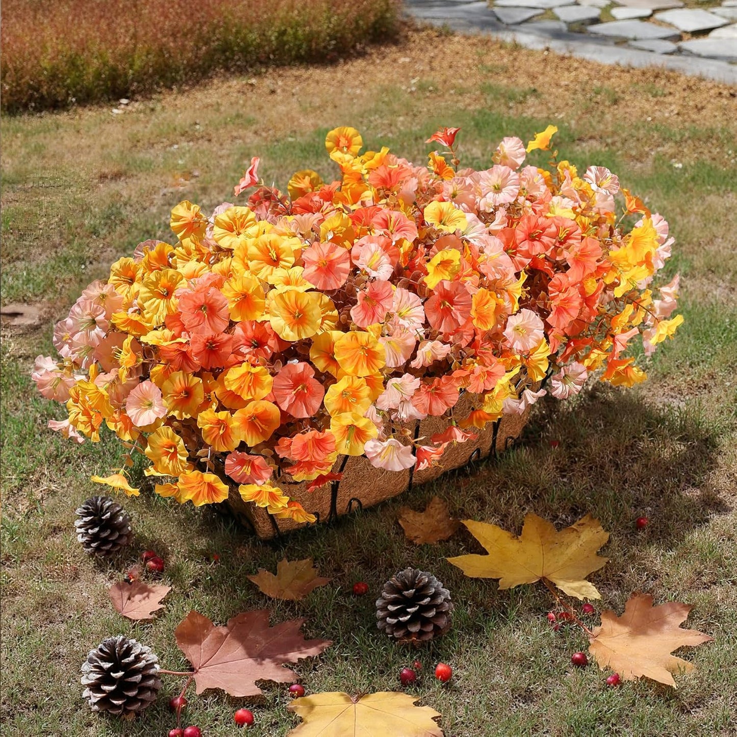 Artificial Mums for Outdoors Fake Fall Flowers Plants for Autumn Decoration, 12 Bundles Silk Morning Glory with Eucalyptus Look Real UV Resistant Faux Mums for Outside Planters Yard Patio Porch, Mix