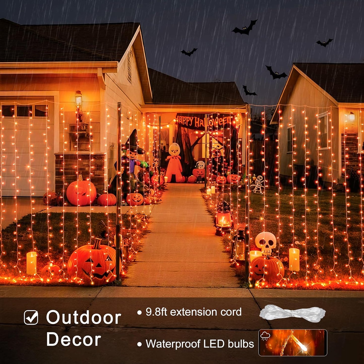 JMEXSUSS 300LED Orange Halloween Lights with Remote, 9.8x9.8ft Halloween Curtain Light, 8 Modes Orange Hanging String Lights Plug in for Fall Bedroom Thanksgiving Window Party Indoor Outdoor Decor