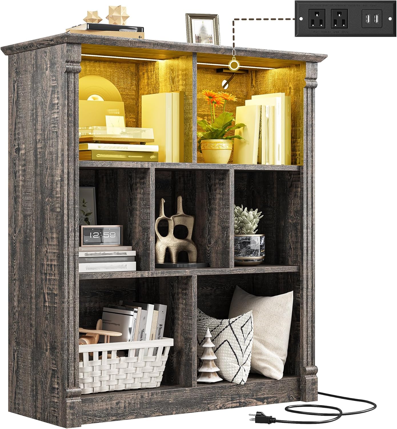 EnHomee 7 Cube Bookshelf Cubby Storage Organizer with LED Lights and Charging Station, Wood Shelf Display Cabinet for Bedroom, Living Room, Office Black Oak