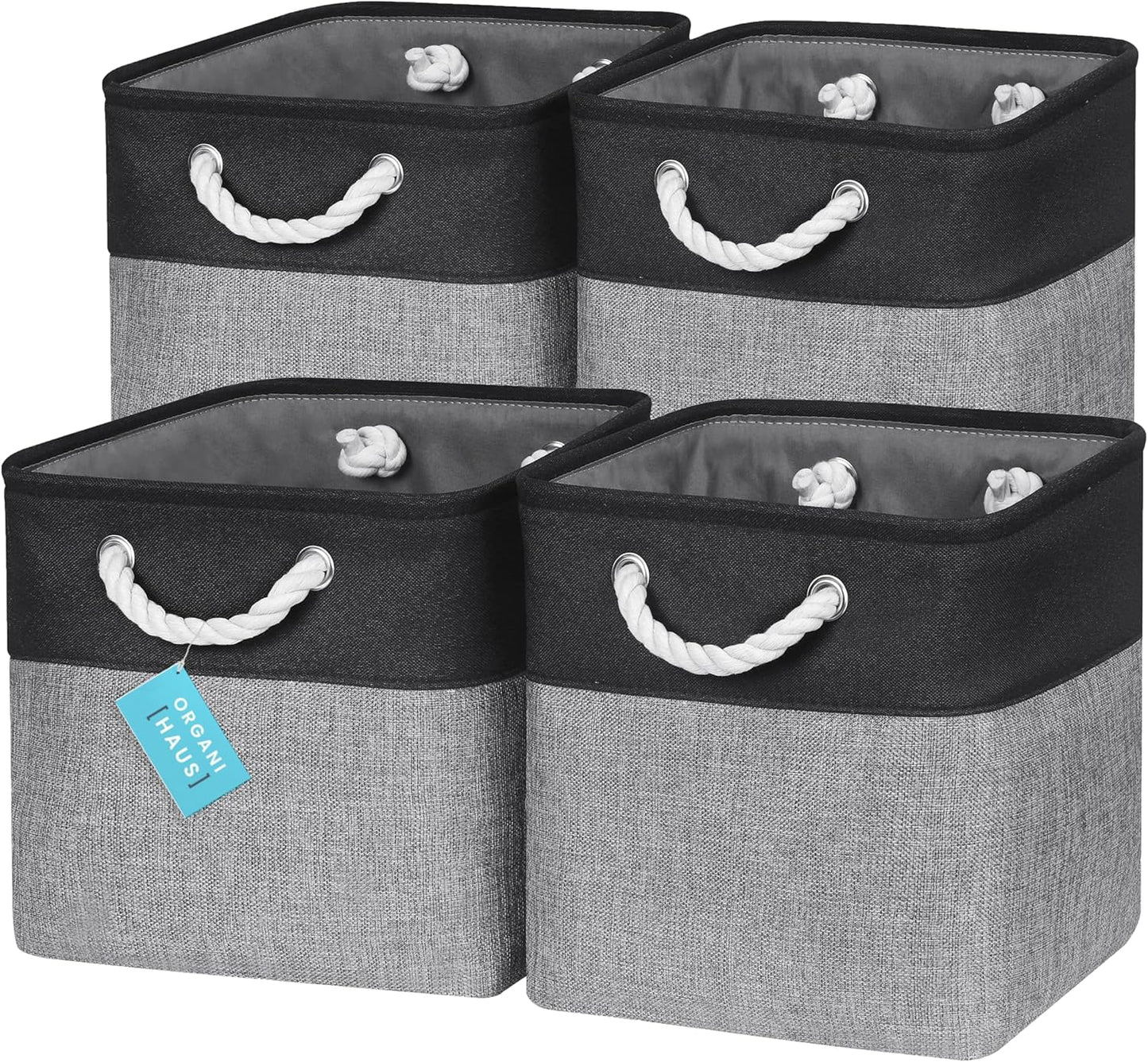 OrganiHaus 11x11 Cube Storage Bins 4 Pack, Foldable Cube Storage Organizer w/ Rope Handles, Collapsible Fabric Bins for Toys, Clothes & Closet Organization, Fabric Square Baskets - Gray/Black