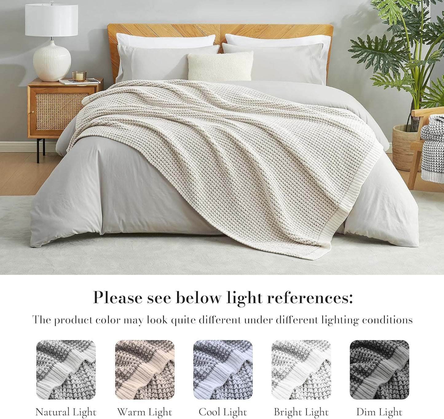 Amélie Home Chenille Waffle Throw Blanket for Couch, Reversible Pineapple Stitch Knit Soft Cozy Knit Blanket Lightweight Warm Decorative Throw for Sofa, Bed, Living Room, 50"x60", Beige&Ivory