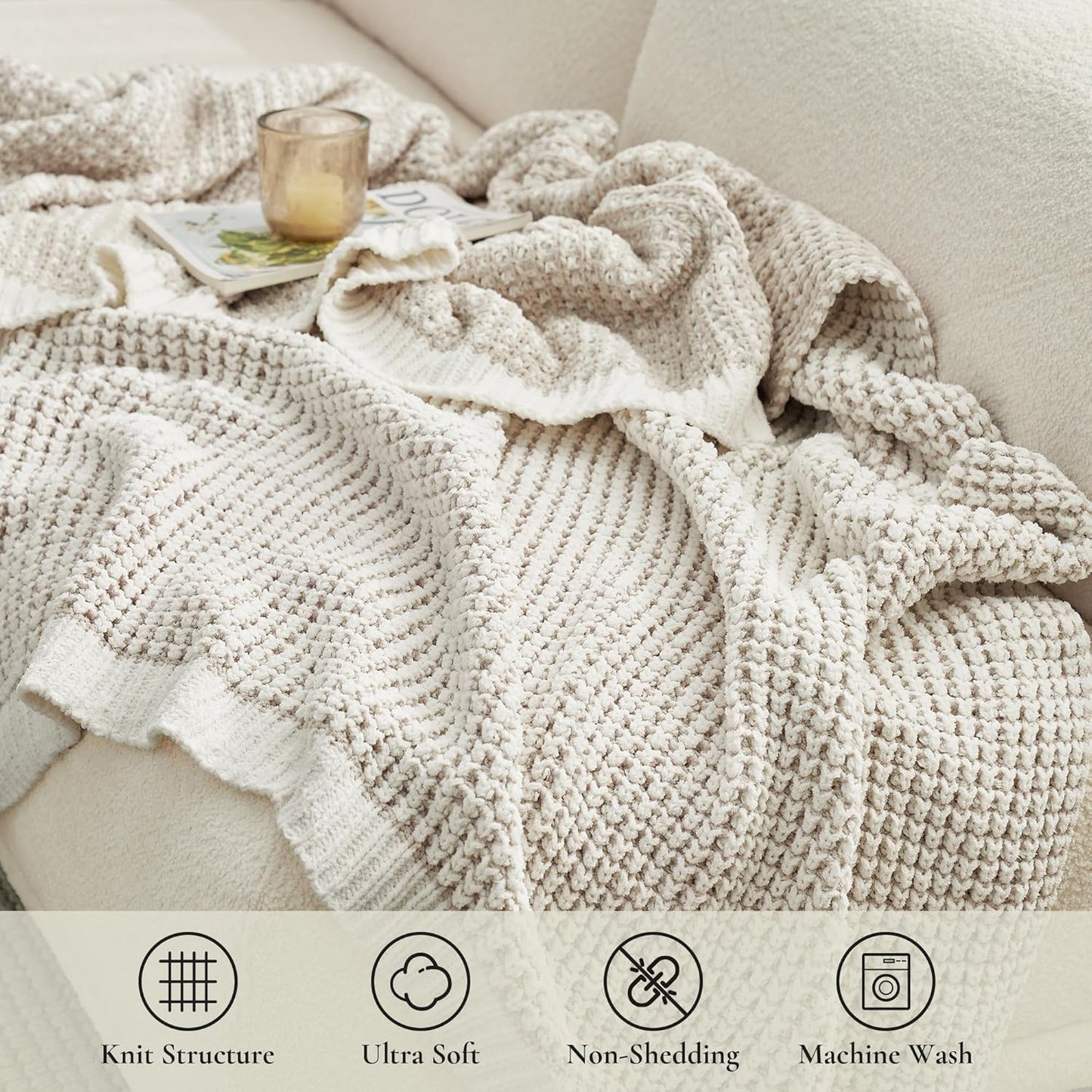 Amélie Home Chenille Waffle Throw Blanket for Couch, Reversible Pineapple Stitch Knit Soft Cozy Knit Blanket Lightweight Warm Decorative Throw for Sofa, Bed, Living Room, 50"x60", Beige&Ivory