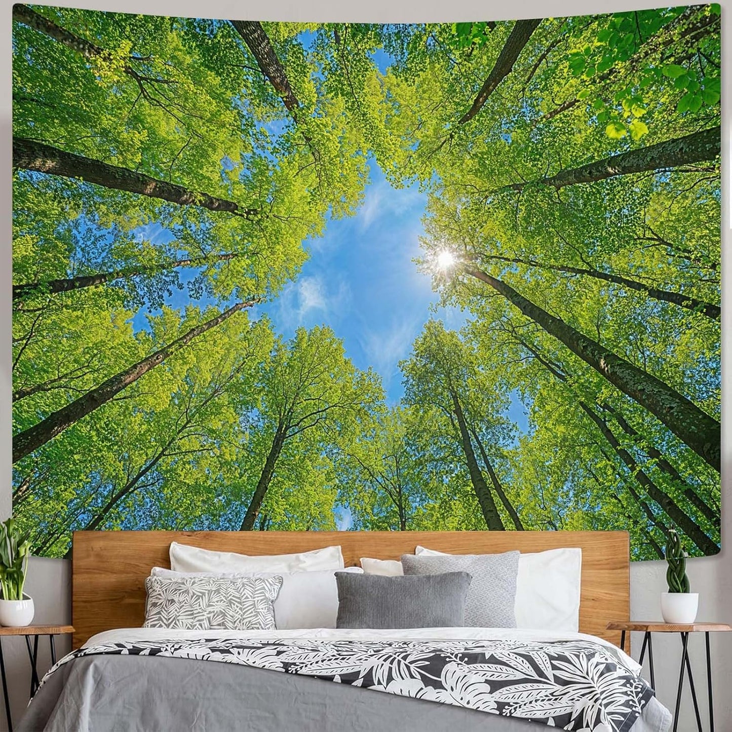 AMM Nature Forest Tree Celling Tapestry Lush Green Treetops Sunlit Tapestry for Bedroom Aesthetic Sky Sunlight Canopy Leaves Landscape Tapestries Wall Hanging for Living Room Dorm Office 90 x 68 Inch