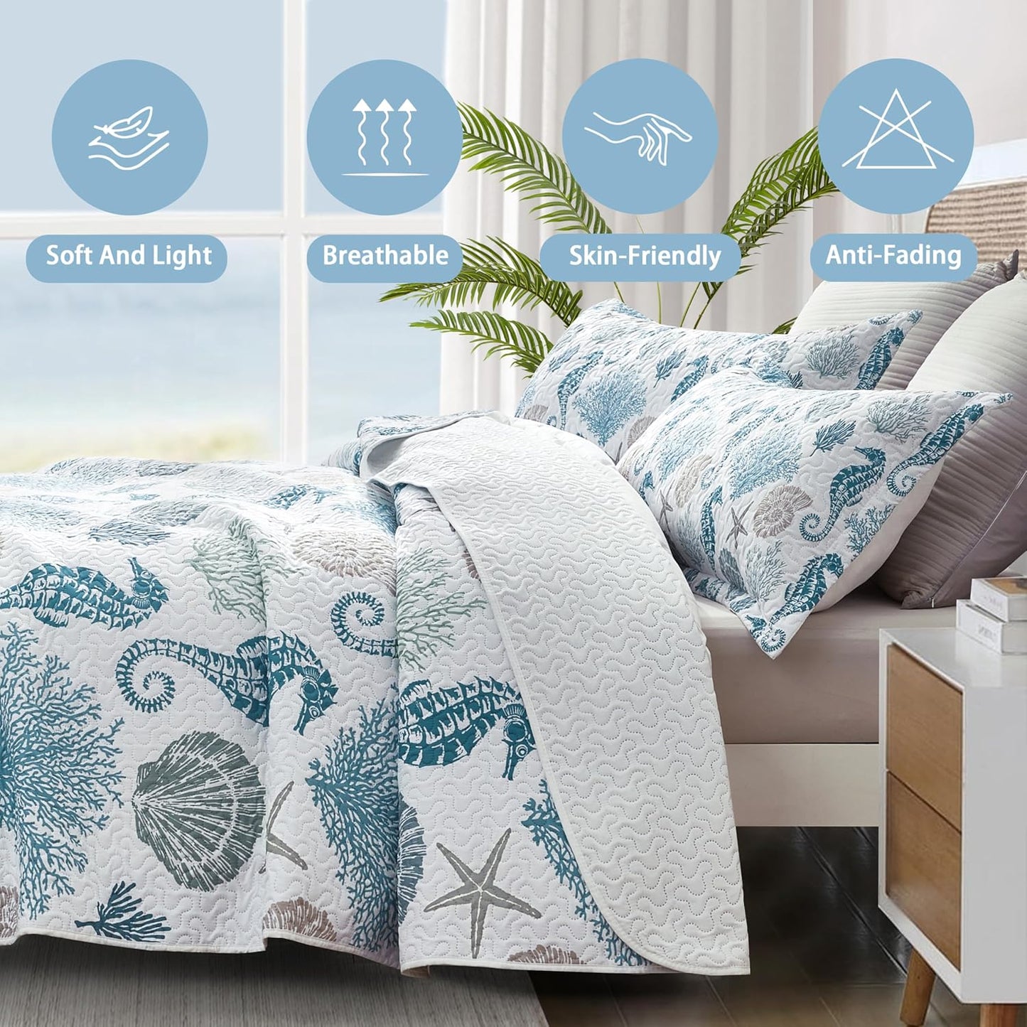 Coastal Bedding Queen Size Coastal Quilt with 2 Shams, Nautical Beach Comforter Sets Ocean Bedspreads Blue Seahorse Coverlet Summer Bedding, 90''x96''