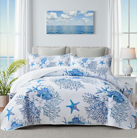 Coastal Bedding King Size Coastal Quilt with 2 Shams, Nautical Beach Comforter Sets Ocean Bedspreads Blue Starfish Coverlet Summer Bedding, 96''x106''