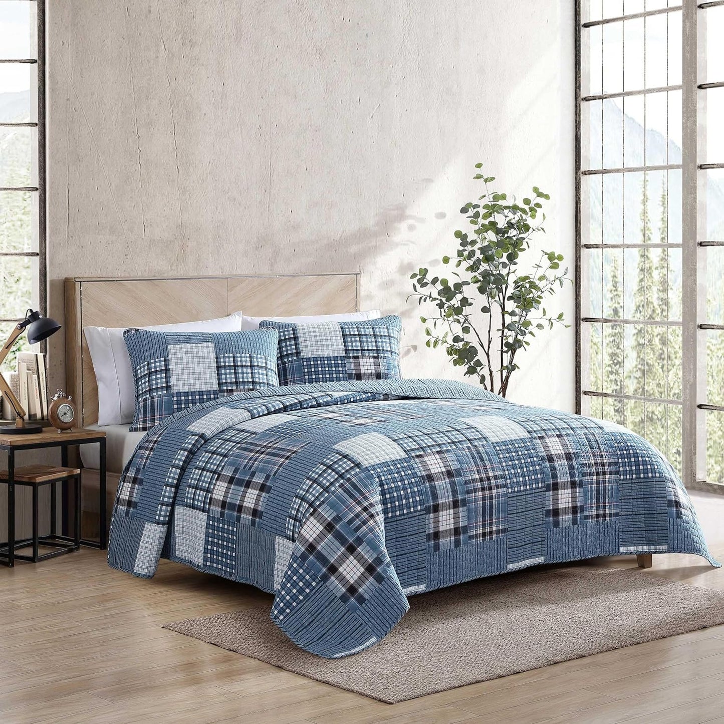 Eddie Bauer - Twin Quilt Set, Reversible Cotton Bedding with Matching Sham, Patchwork Plaid Home Decor (Hawthorne Blue, Twin)