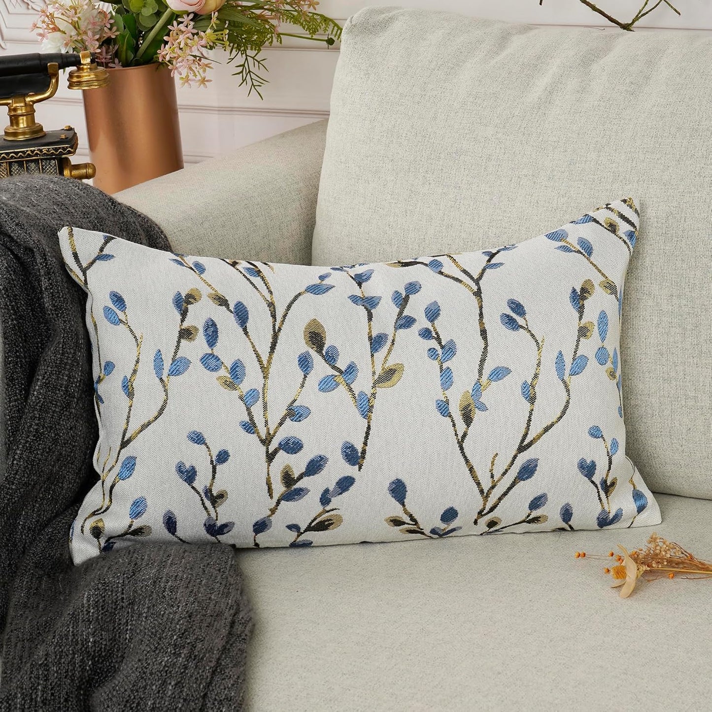 YOUR SMILE Classical Embroidery Jacquard Blue Square Decorative Throw Pillow Case Cushion Cover,12x20 inch