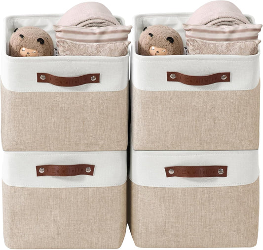 DECOMOMO Storage Bins Fabric Storage Baskets for Shelves, Linen Closet Organization Toys Nursery (Beige and White, Large - 4 Pack)
