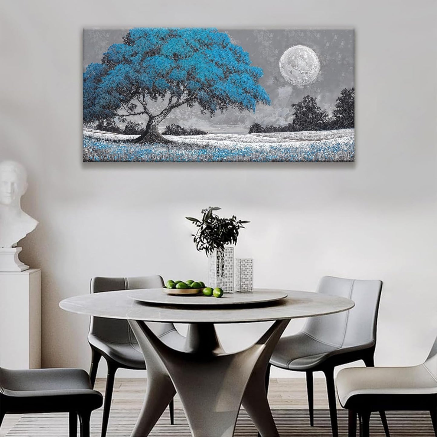 TAIJXAGSG Wall Art For Living Room Blue Tree Moon Canvas Art Wall Print Decor Artwork Print Painting 24" X 48" Modern Wall Art Picture For Bedroom Modern Salon Kitchen Office Home Wall Decor