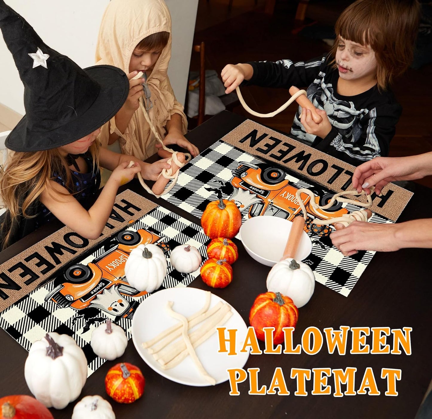 Halloween Pumpkin Placemats Set of 4, 12x18 Inch Plaid Truck Decorative Table Mats, Washable Heat Resistant Place Mats for Kitchen Dining Table, Spooky Themed Decoration for Home-B08