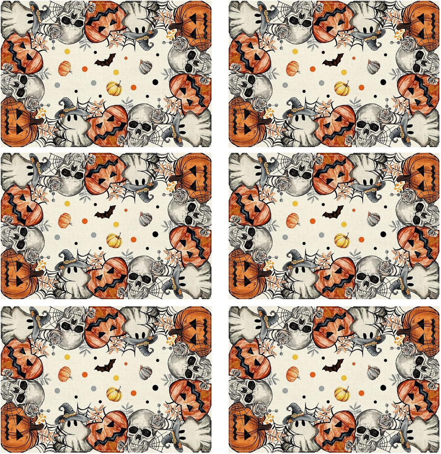 XCHI Spooky Skeleton Ghost Pumpkin Halloween Placemats Set of 6 Table Mats for Party Home Kitchen Dining Table Decorations 12x18 Inch