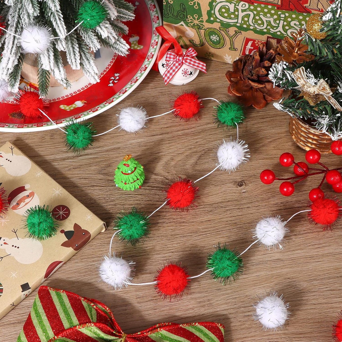 4Pack 120Balls Christmas Glitter Pom Pom Garland Ornaments, 26.5 Feet Felt Ball Glittery Banner, Red White Green Christmas Tree Garland for Xmas Birthday Party Wall Home Decor