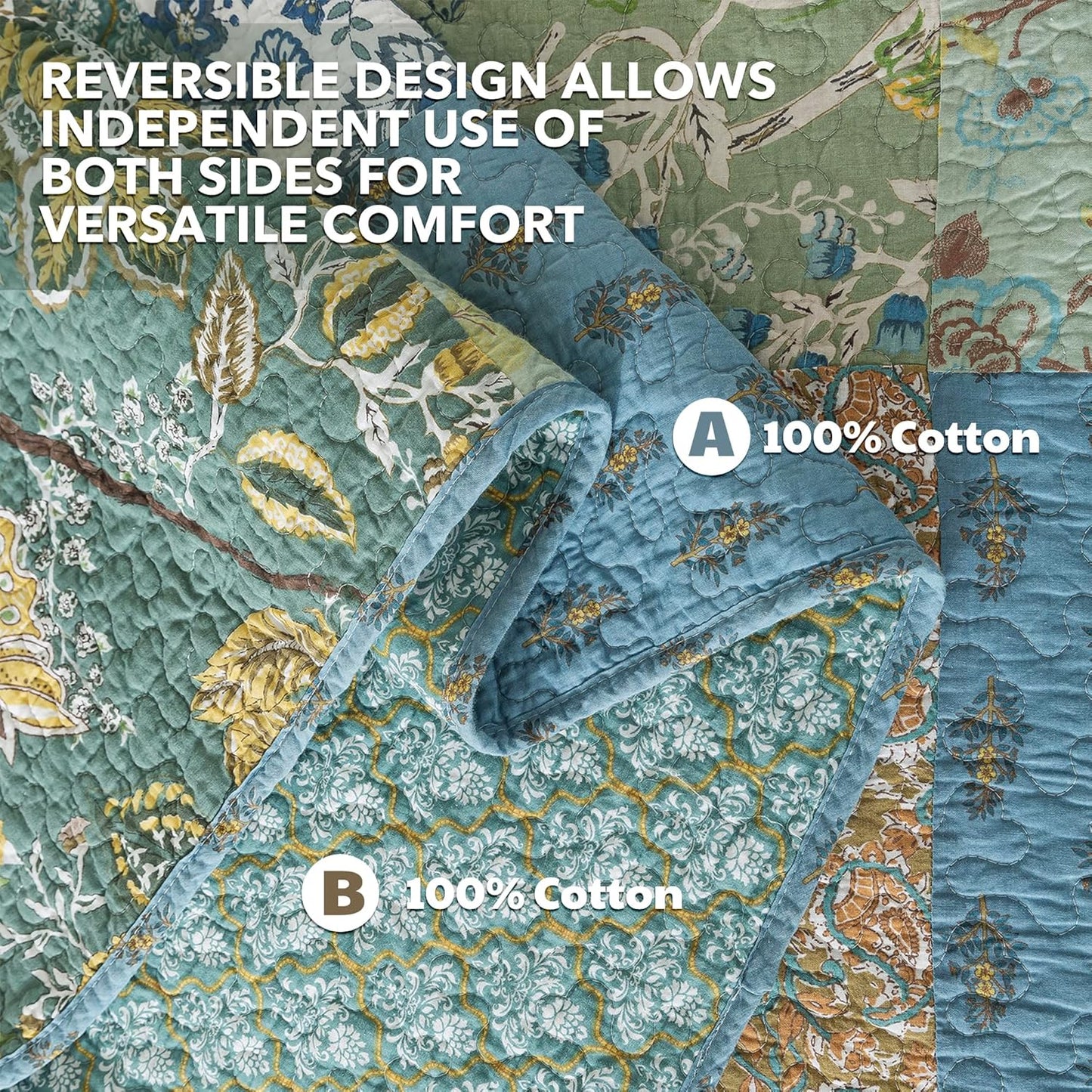 NEWLAKE Cotton Patchwork Bedspread, 3-Piece Bedding Quilt Set with Real Stitched Embroidery, Reversible Matelasse Bed Coverlet Set,Green Farmhouse Garden,King Size