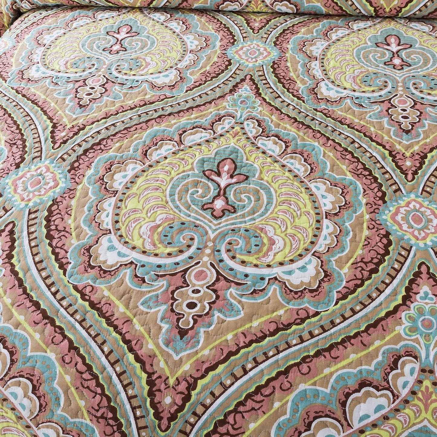 NEWLAKE Cotton Bedspread Quilt Sets-Reversible Patchwork Coverlet Set, European Paisley Blossom Pattern, King Size