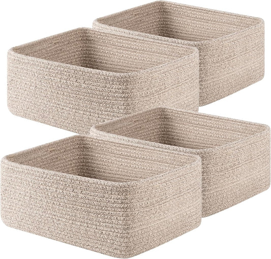 OIAHOMY 4 Pack 14.17*11.02*6.3IN Storage Baskets for Organizing Shelves, Woven Rope Baskets for Organizing Books, Clothes, Decorative Basket for Living Room, Nursery, Bedroom, Gift Basket, Brown