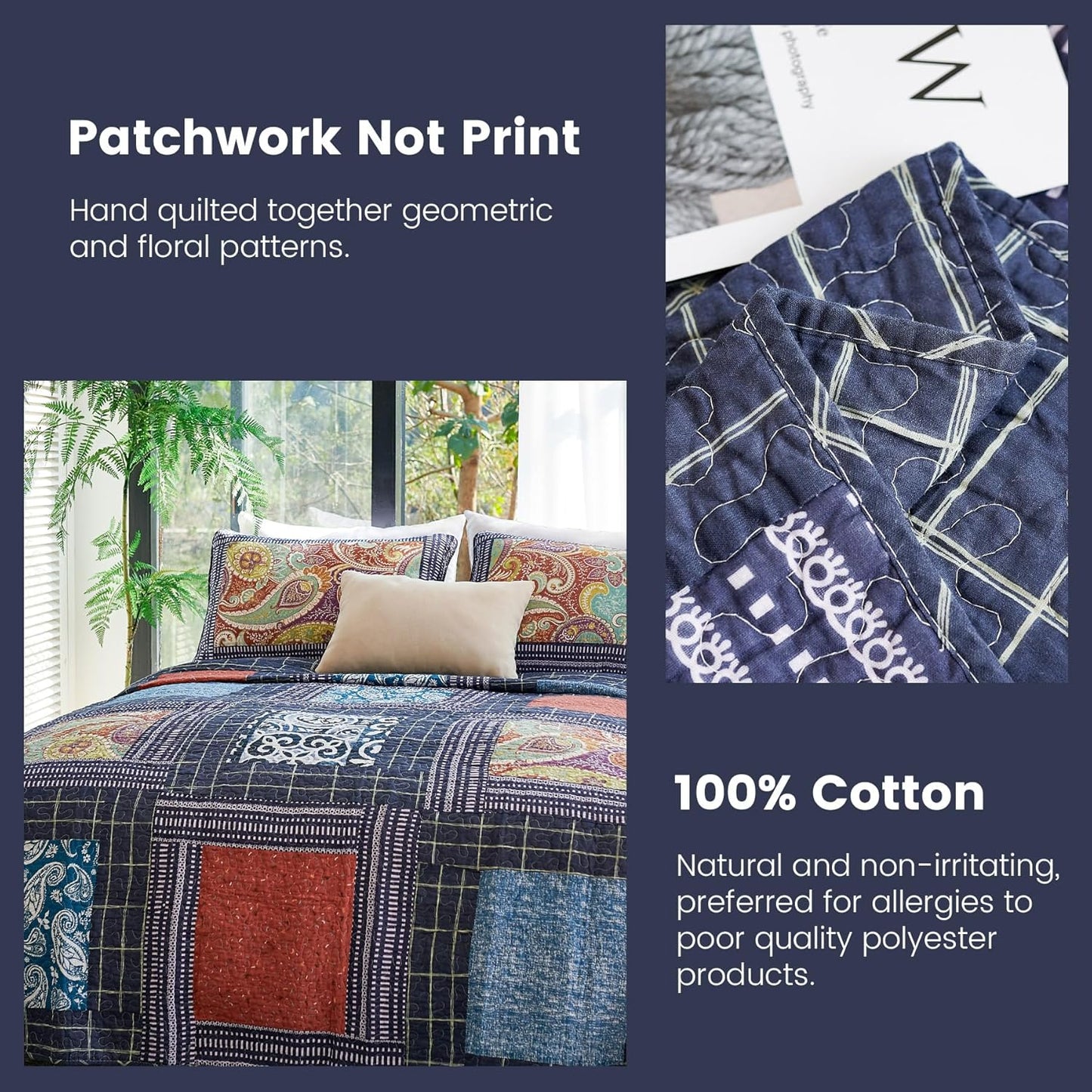 Secgo Queen Comforter Set for Bed - 100% Cotton Quilts Queen Size, Black Bedspreads (90 * 98 Inch) with 2 Pillow Shams, Patchwork Reversible Lightweight Bedding