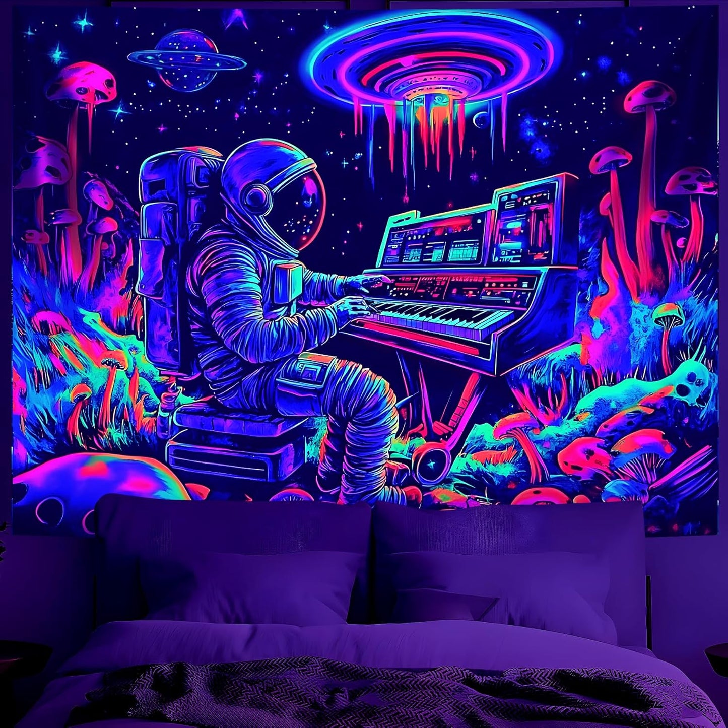 BVBOX Astronaut Space Blacklight Tapestry 90"x70", UV Reactive Astronaut Electronic Piano Universe Galaxy Planet Glow in Dark Music Tapestries, Black Light Neon Upright Poster Wall Hanging Backdrop Decor for Bedroom Living Room