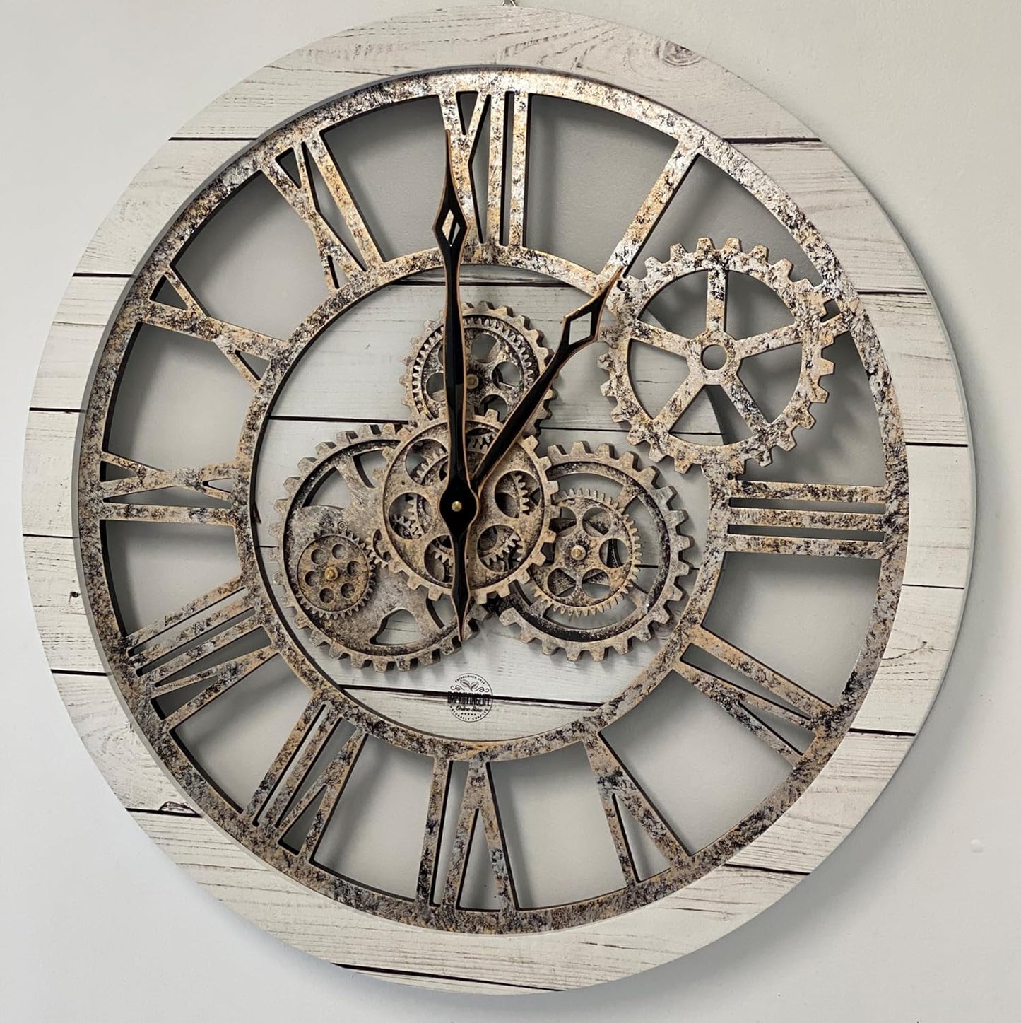 The Gears Clock The Original Real Moving Gear Wall Clock Vintage Industrial Oversized Rustic Farmhouse (24 inch (60cm),White Farmhouse)