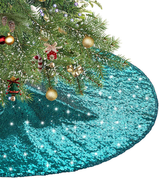 Eternal Beauty Christmas Tree Skirt, 24 Inch Teal Sequin Tree Skirt Small Xmas Tree Skirt for Christmas Tree Decorations