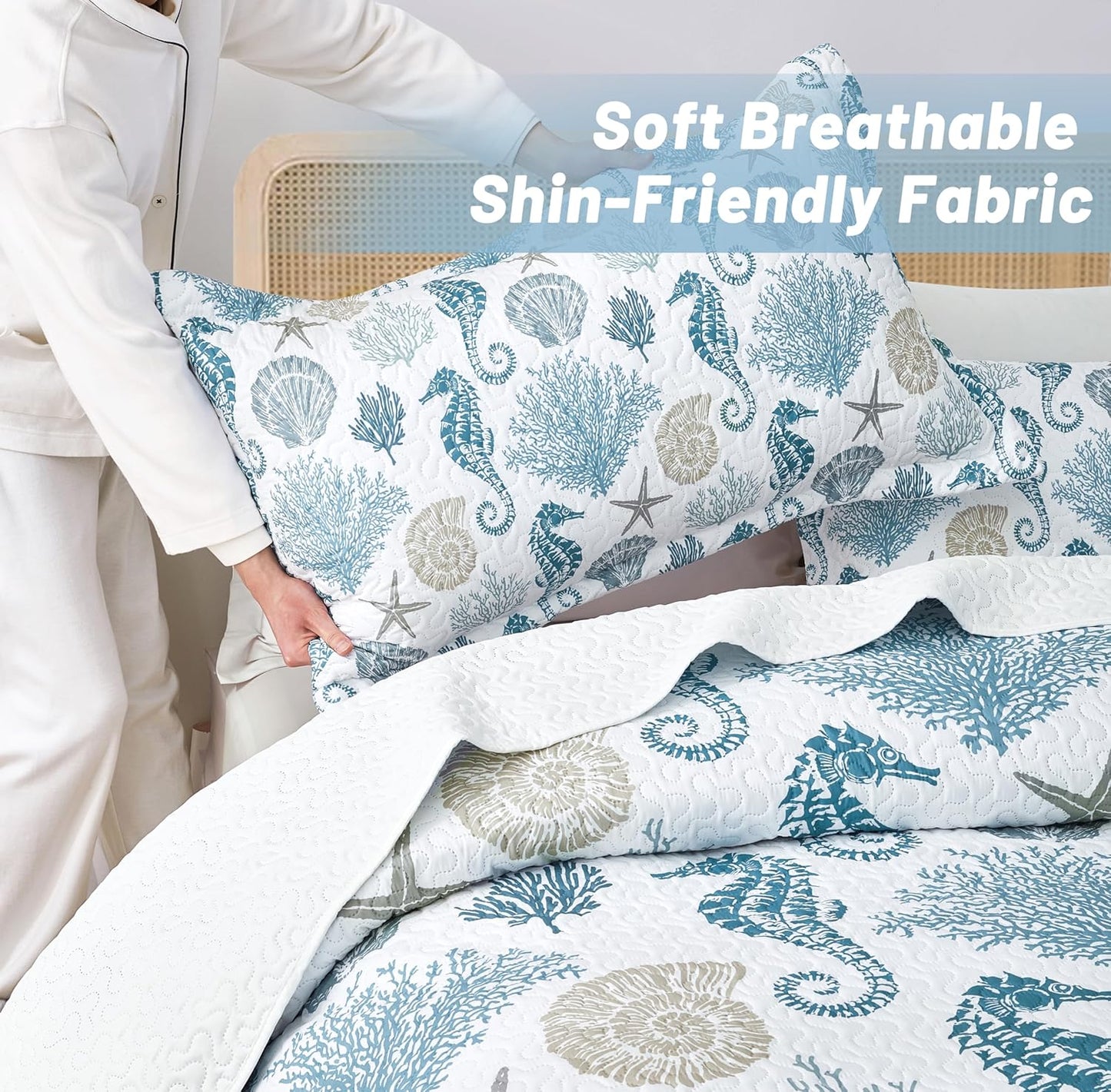 Coastal Bedding Twin Size Coastal Quilt with Shams, Nautical Beach Comforter Sets Ocean Bedspreads Blue Seahorse Coverlet Summer Bedding, 68''x86''