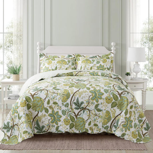 NEWLAKE Cotton Bedspread Quilt Sets - Reversible Patchwork Coverlet Set, Floral Vine Pattern, King Size