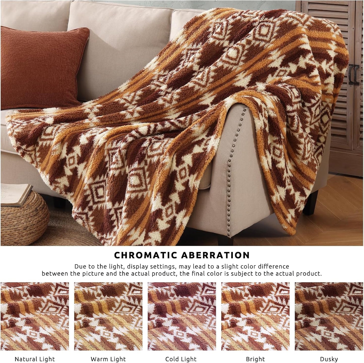 CASAAGUSTO Boho Sherpa Throw Blanket, Aztec, Ultra Soft, Warm, Cozy, Plush, Thick Fleece Bohemian Throw Blanket for Couch, Bed, Sofa (Terracotta 50 * 60 Inch)