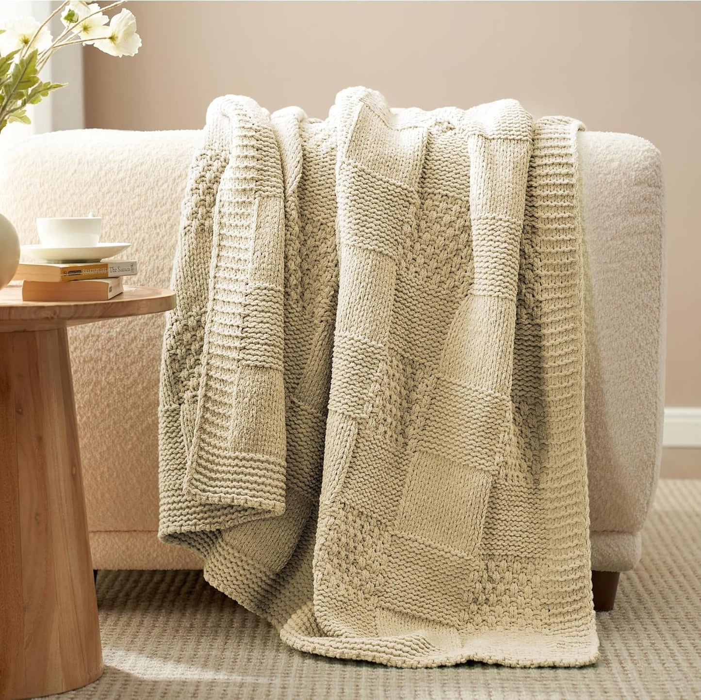 Amélie Home Chenille Knit Throw Blanket for Couch, Checkered Texture Decorative Soft Blanket for Sofa, Bed & Living Room, 50"x60", Beige