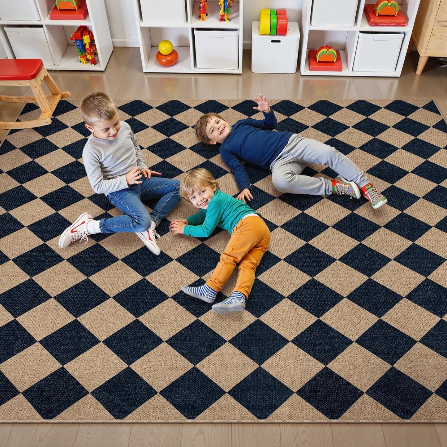 Lahome Checkered Easy Jute Area Rug 8x10, Large Living Room Patio Rug Checkerboard Indoor Outdoor Carpet, Farmhouse Geometric Non Slip Black Carpet for Backyard Dining Room