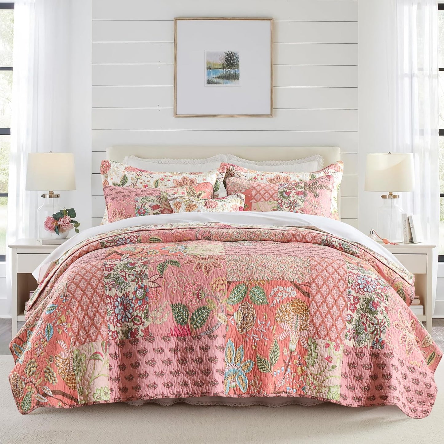 NEWLAKE Cotton Patchwork Bedspread, 3-Piece Bedding Quilt Set with Real Stitched Embroidery, Reversible Matelasse Bed Coverlet Set,Bohemian Floral,California King Size