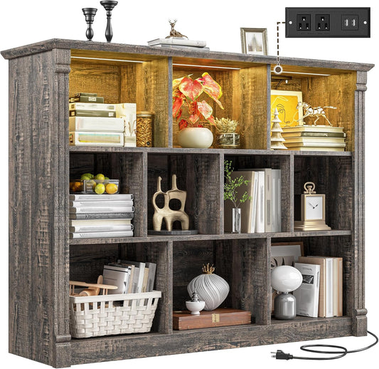 EnHomee 10 Cube Storage Organizer with LED Light and Charging Station Wood Cube Shelf Display Cabinet for Bedroom Living Room,Office,Black Oak