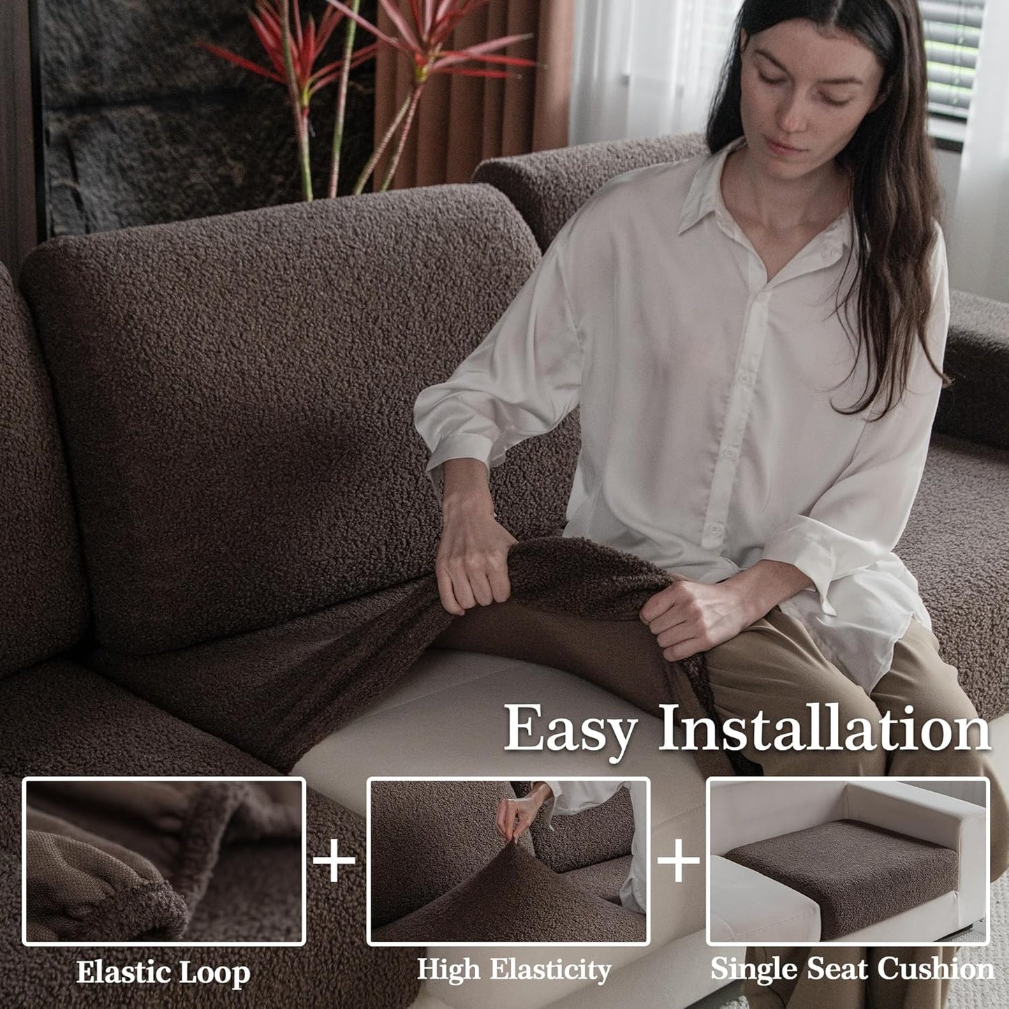 Couch Cushion Covers for Sectional Sofa, Stretch Soft Sofa Slipcovers Washable Wear-Resistant Universal Furniture Protector for Living Room(3 Seaters Covers+1 Chaise Cover, Brown)