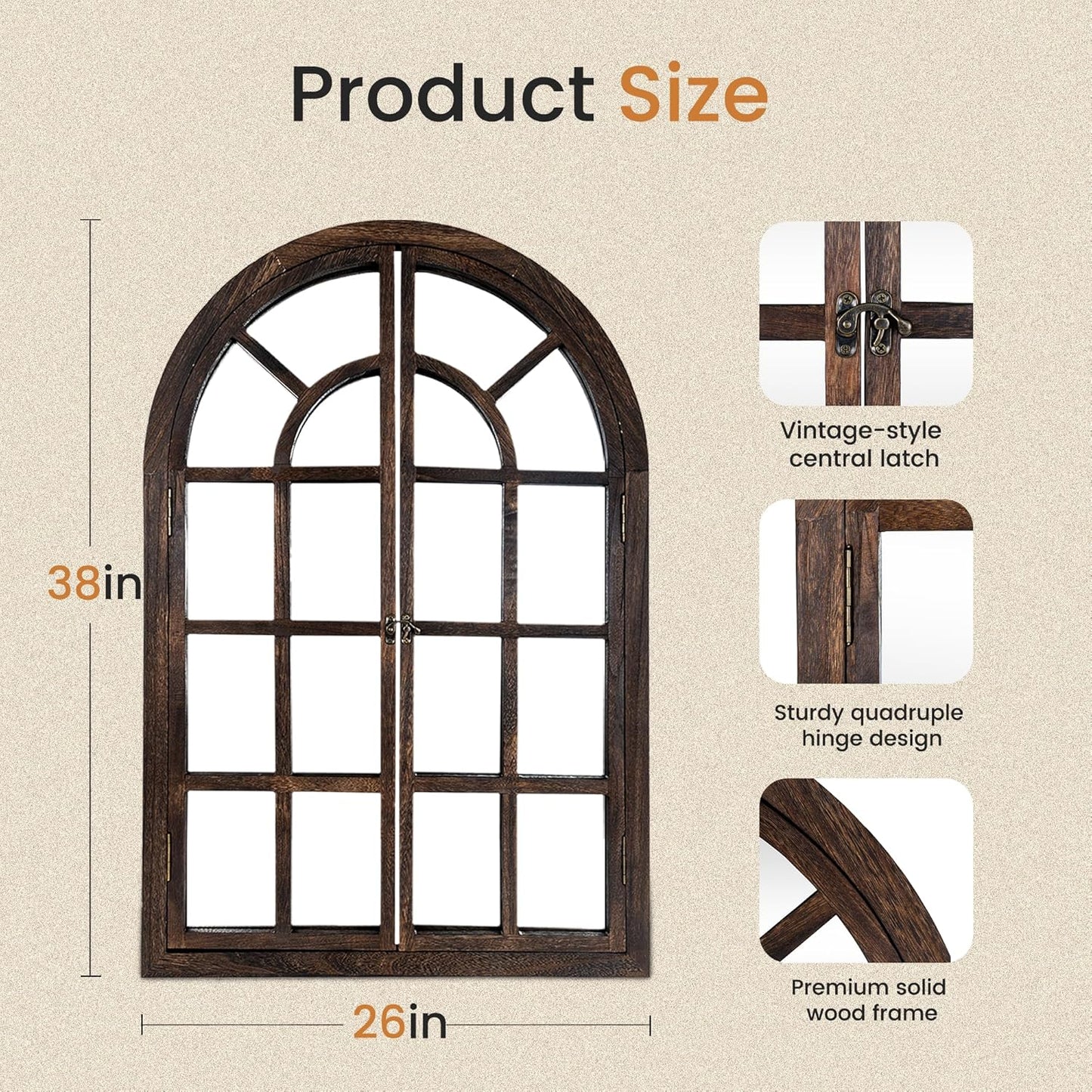 Arched Wall Mirror with Window Design, 38"x26" Rustic Farmhouse Wood Mirror for Wall Decor, Decorative Vintage Arch Mirror for Living Room, Bedroom, Entryway