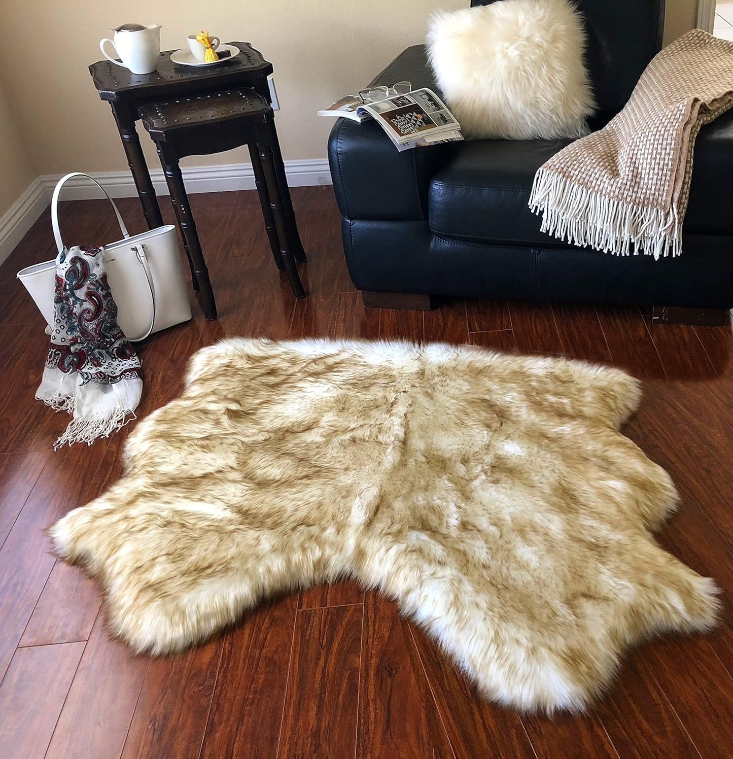 LAMBZY Faux Sheepskin Hypoallergenic Free Shape Silky Shag Rug, Luxury Shaggy Plush Carpet for Bedrooms Living Room Sofa Floor (Double Side by Side 3'x4', White with Brown Tips)